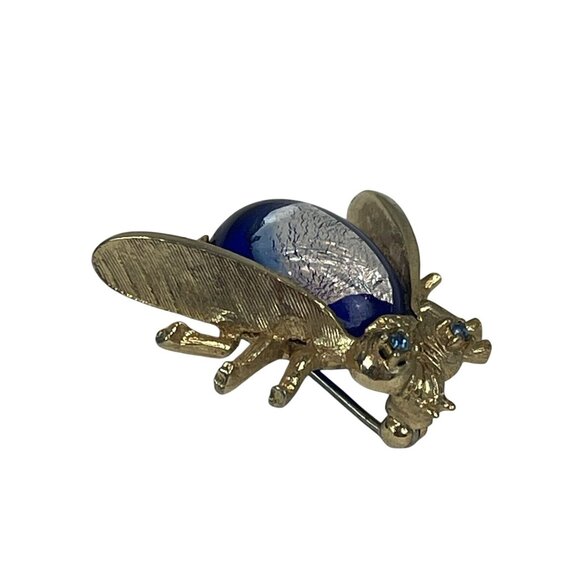 Vintage Faux Lapiz Lazuli Fly Insect Brooch Gold Tone Blue Rhinestone Eyes - Picture 3 of 8